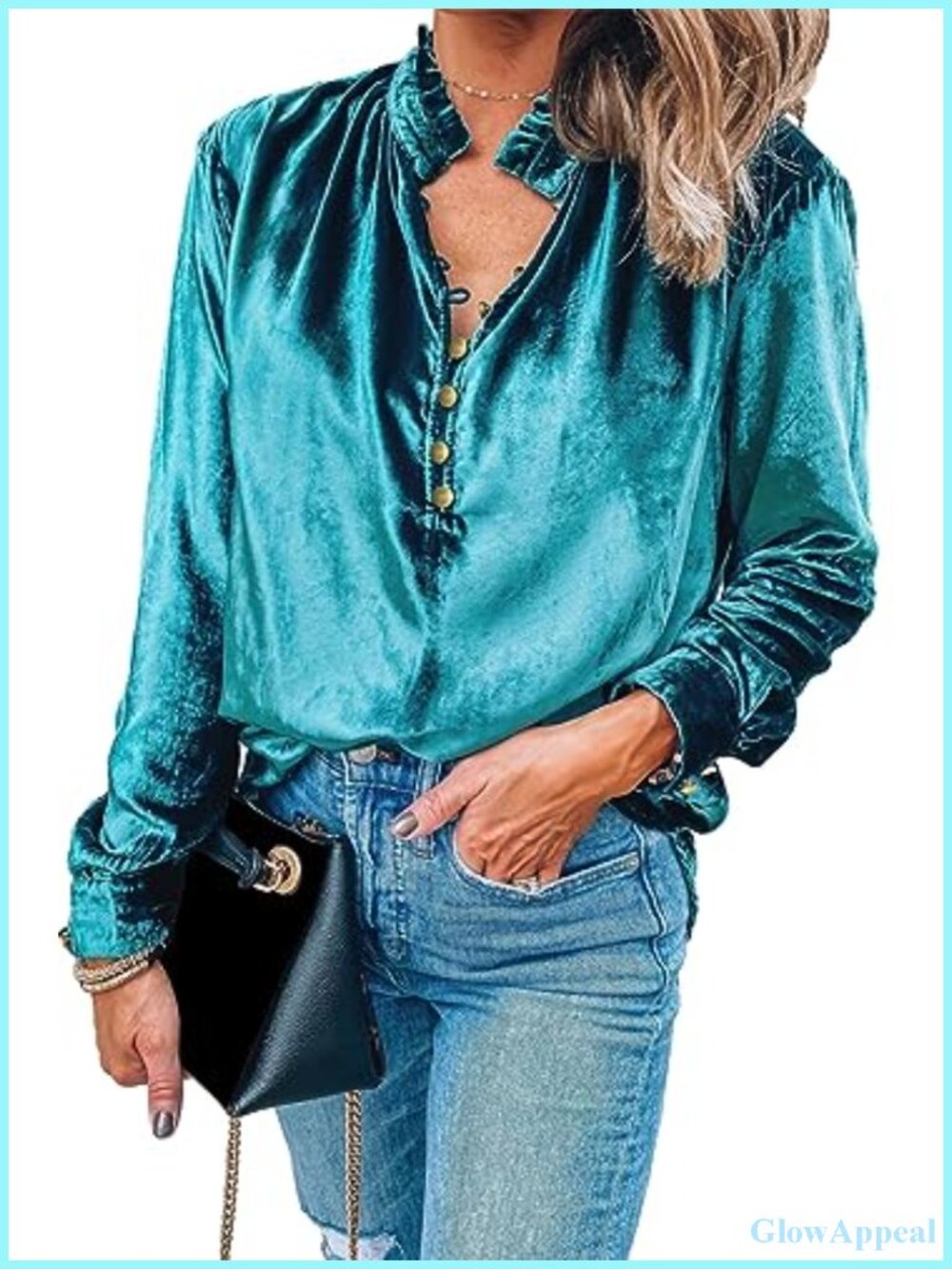 Velvet V Neck Long Sleeve Buttoned Front Blouse